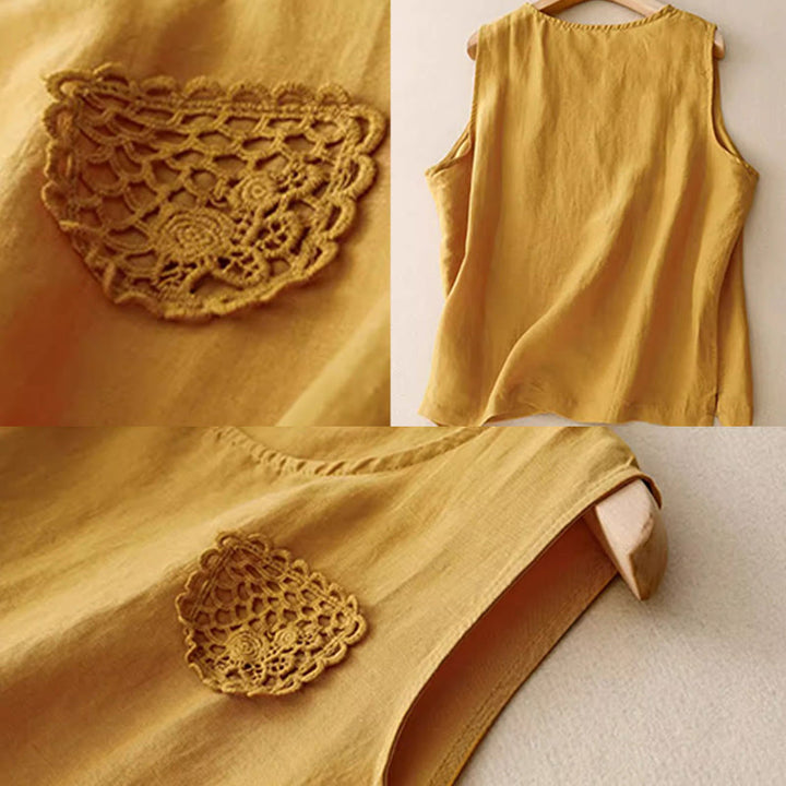 Buddha Stones Lässige, reine Farbstickerei, Patchwork-Design, ärmellos, Rundhalsausschnitt, Damen-Weste aus Baumwolle und Leinen - image 6