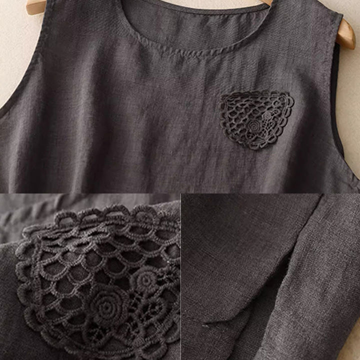 Buddha Stones Lässige, reine Farbstickerei, Patchwork-Design, ärmellos, Rundhalsausschnitt, Damen-Weste aus Baumwolle und Leinen - image 18