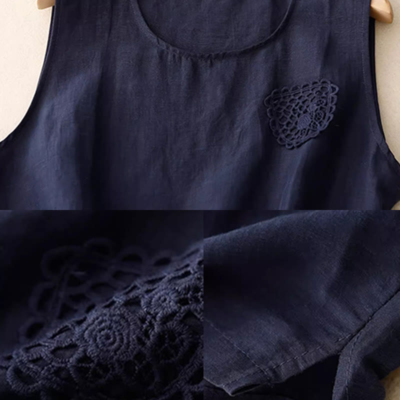 Buddha Stones Lässige, reine Farbstickerei, Patchwork-Design, ärmellos, Rundhalsausschnitt, Damen-Weste aus Baumwolle und Leinen - image 10