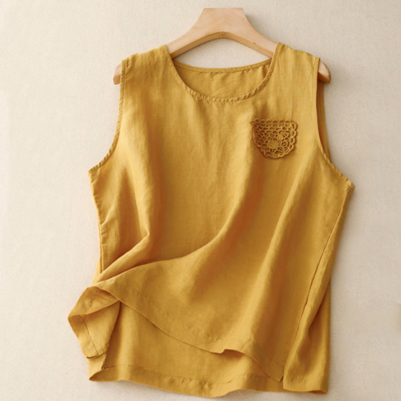 Buddha Stones Lässige, reine Farbstickerei, Patchwork-Design, ärmellos, Rundhalsausschnitt, Damen-Weste aus Baumwolle und Leinen - Gold - US12, UK/AU16, EU44 (3XL) - image 0