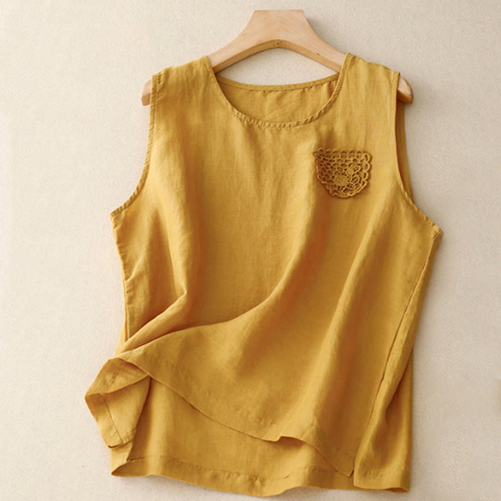 Buddha Stones Lässige, reine Farbstickerei, Patchwork-Design, ärmellos, Rundhalsausschnitt, Damen-Weste aus Baumwolle und Leinen - Gold - US12, UK/AU16, EU44 (3XL) - image 0