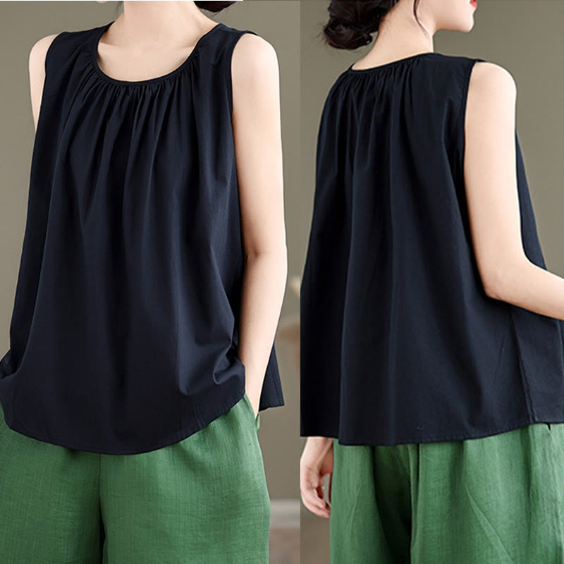 Buddha Stones Sommer Künstlerische einfarbige Plissee-Rundhals-Design Damen-Weste aus Baumwolle und Leinen - image 14