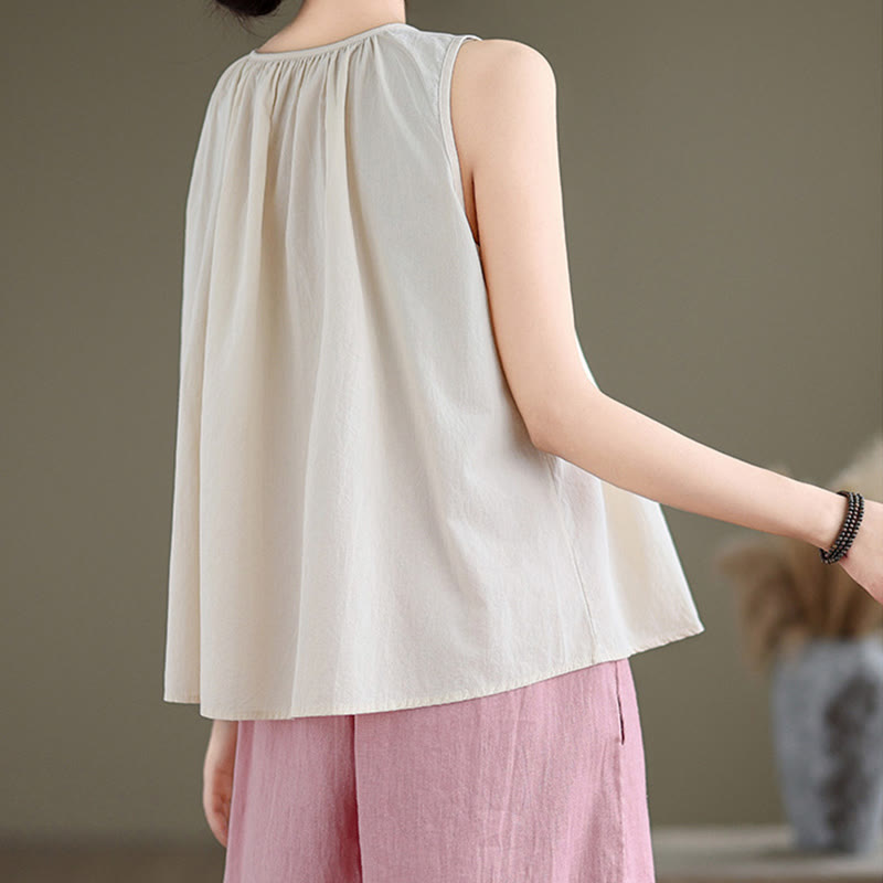 Buddha Stones Sommer Künstlerische einfarbige Plissee-Rundhals-Design Damen-Weste aus Baumwolle und Leinen - image 18