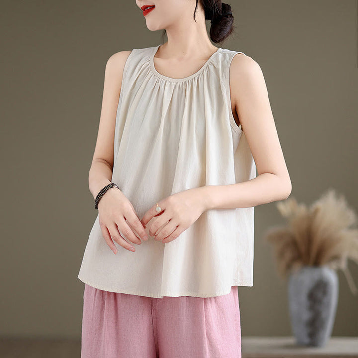 Buddha Stones Sommer Künstlerische einfarbige Plissee-Rundhals-Design Damen-Weste aus Baumwolle und Leinen - Beige - US12, UK/AU16, EU44 (2XL) - image 15