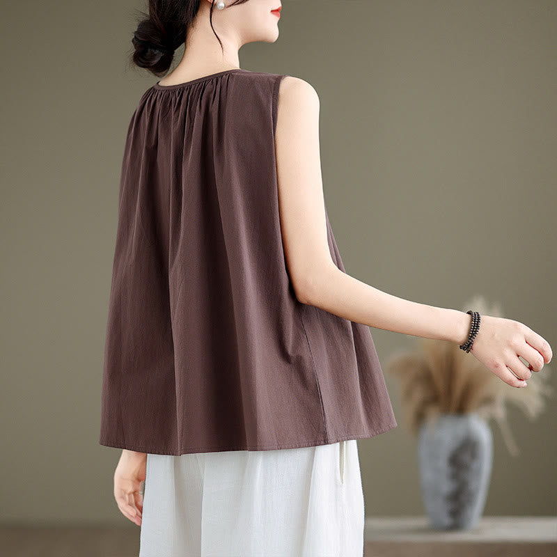 Buddha Stones Sommer Künstlerische einfarbige Plissee-Rundhals-Design Damen-Weste aus Baumwolle und Leinen - image 3