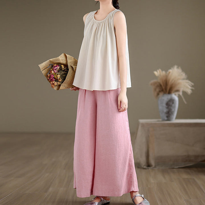 Buddha Stones Sommer Künstlerische einfarbige Plissee-Rundhals-Design Damen-Weste aus Baumwolle und Leinen - image 20