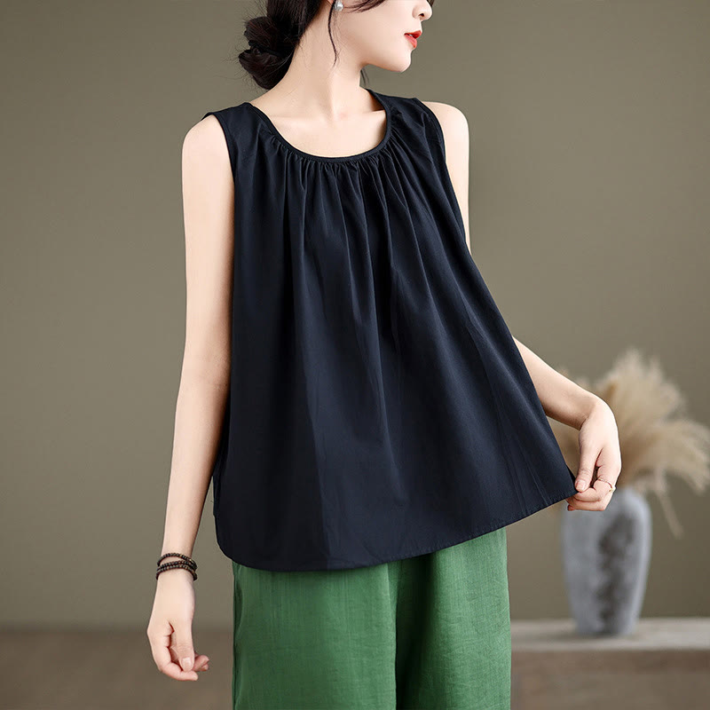 Buddha Stones Sommer Künstlerische einfarbige Plissee-Rundhals-Design Damen-Weste aus Baumwolle und Leinen - Schwarz - US12, UK/AU16, EU44 (2XL) - image 10