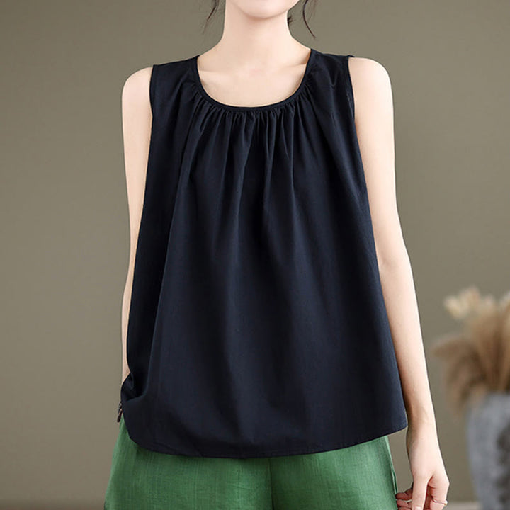 Buddha Stones Sommer Künstlerische einfarbige Plissee-Rundhals-Design Damen-Weste aus Baumwolle und Leinen - image 11