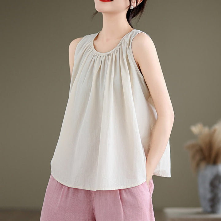 Buddha Stones Sommer Künstlerische einfarbige Plissee-Rundhals-Design Damen-Weste aus Baumwolle und Leinen - image 16