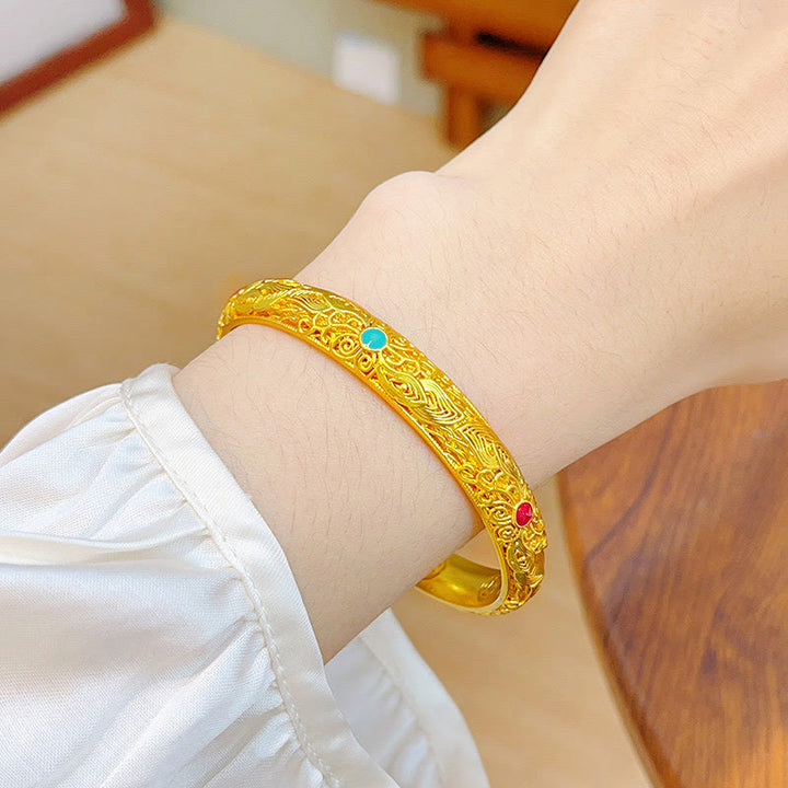 Buddha Stones Kupfer Überzogene Gold Blumen Blätter Glück Armband Armreif