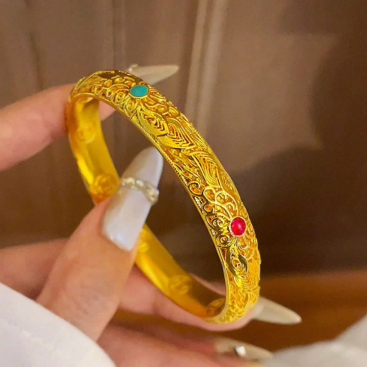 Buddha Stones Kupfer Überzogene Gold Blumen Blätter Glück Armband Armreif
