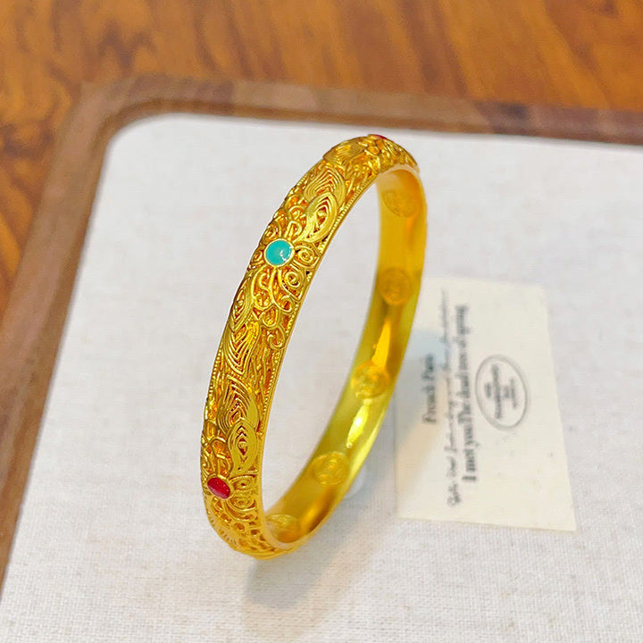 Buddha Stones Kupfer Überzogene Gold Blumen Blätter Glück Armband Armreif