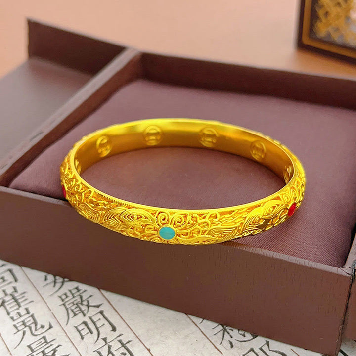 Buddha Stones Kupfer Überzogene Gold Blumen Blätter Glück Armband Armreif