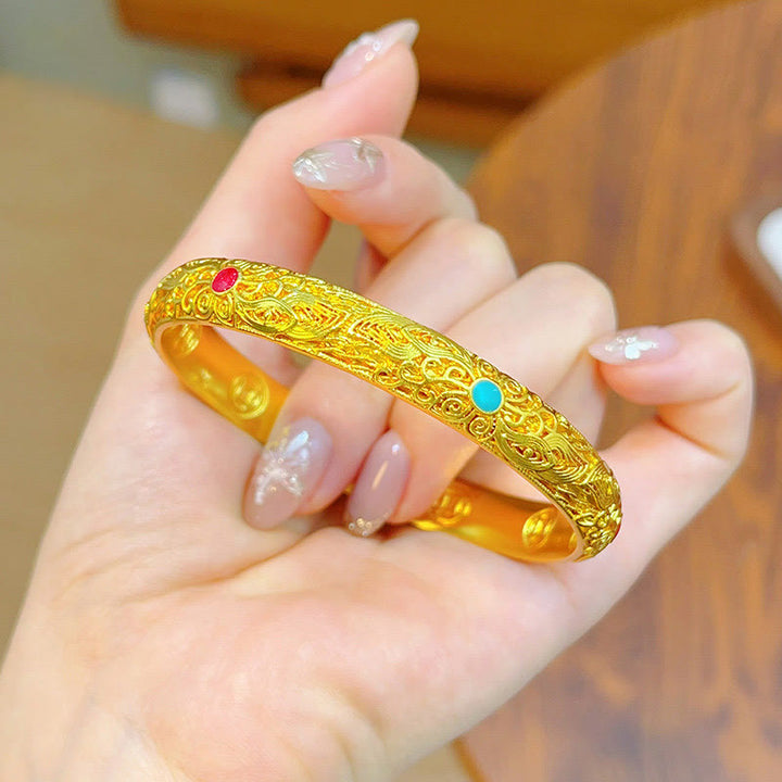 Buddha Stones Kupfer Überzogene Gold Blumen Blätter Glück Armband Armreif