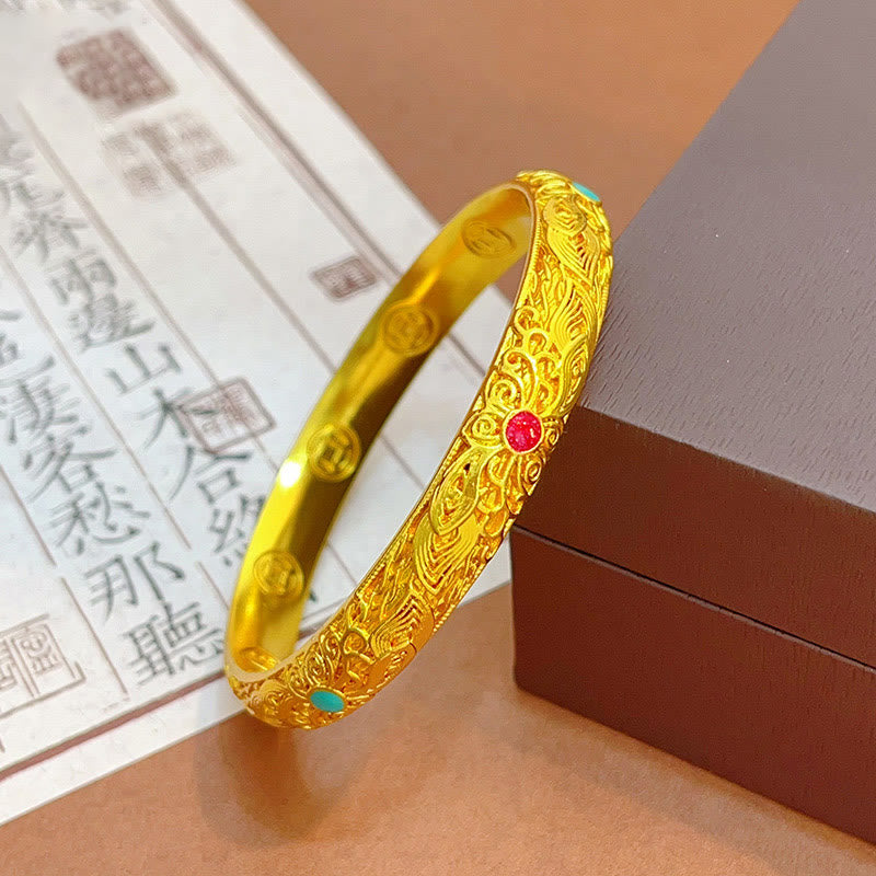 Buddha Stones Kupfer Überzogene Gold Blumen Blätter Glück Armband Armreif