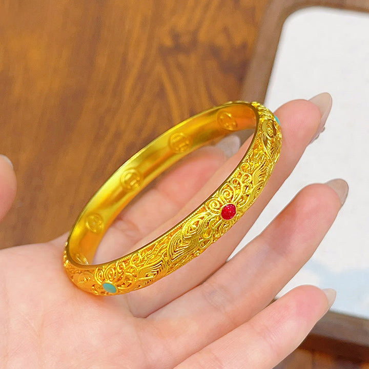 Buddha Stones Kupfer Überzogene Gold Blumen Blätter Glück Armband Armreif