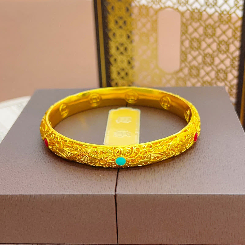 Buddha Stones Kupfer Überzogene Gold Blumen Blätter Glück Armband Armreif