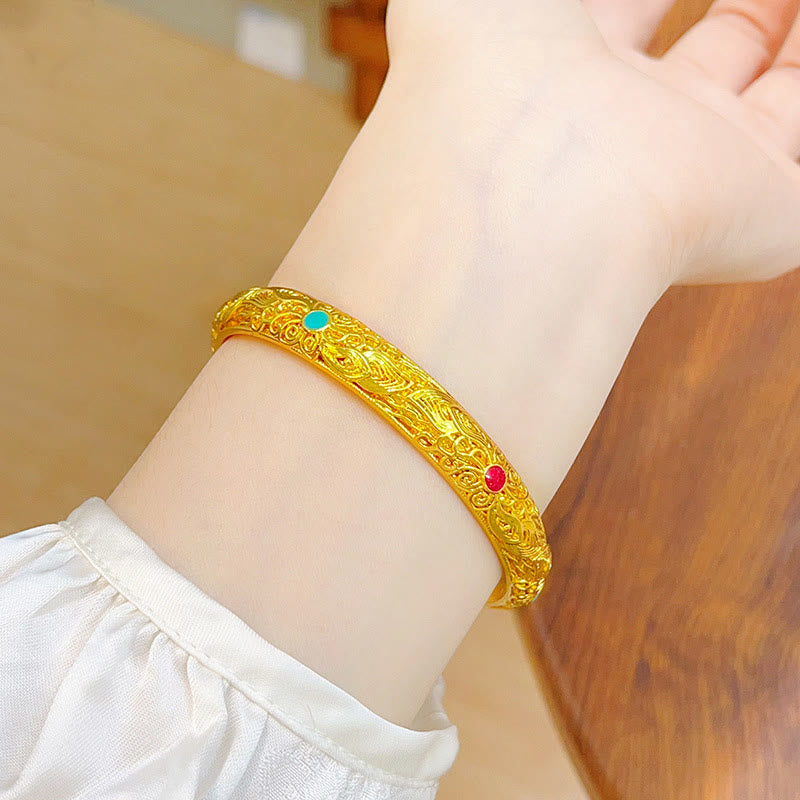 Buddha Stones Kupfer Überzogene Gold Blumen Blätter Glück Armband Armreif