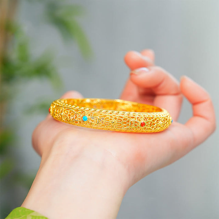 Buddha Stones, kupferplattiert, Gold, Blumen, Rankenmuster, Glücksarmband, Armreif, 62 mm