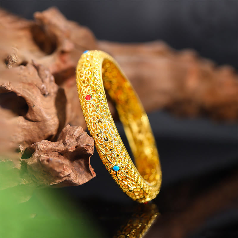 Buddha Stones, kupferplattiert, Gold, Blumen, Rankenmuster, Glücksarmband, Armreif, 62 mm