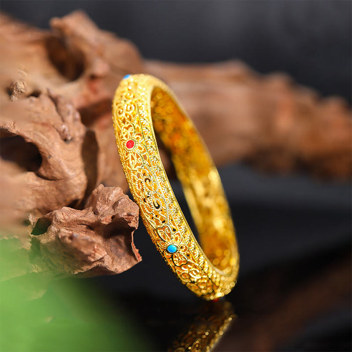 Buddha Stones, kupferplattiert, Gold, Blumen, Rankenmuster, Glücksarmband, Armreif, 62 mm