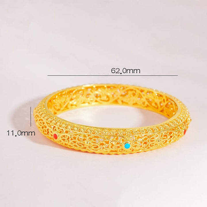 Buddha Stones, kupferplattiert, Gold, Blumen, Rankenmuster, Glücksarmband, Armreif, 62 mm