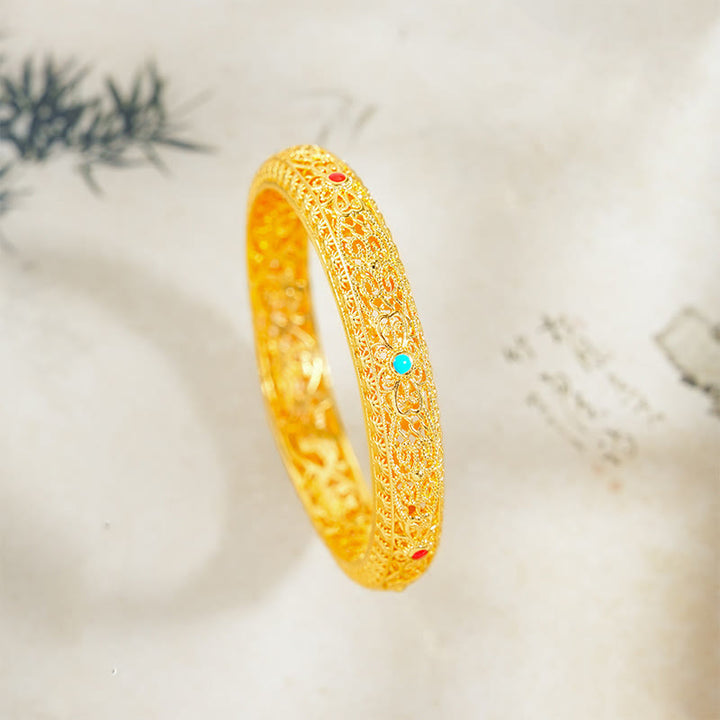 Buddha Stones, kupferplattiert, Gold, Blumen, Rankenmuster, Glücksarmband, Armreif, 62 mm