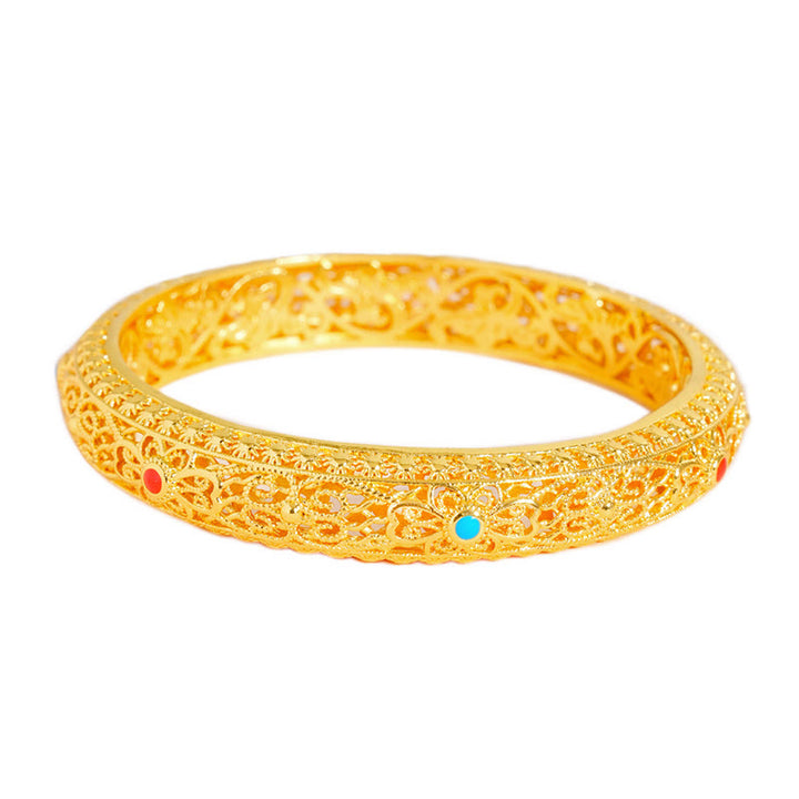 Buddha Stones, kupferplattiert, Gold, Blumen, Rankenmuster, Glücksarmband, Armreif, 62 mm
