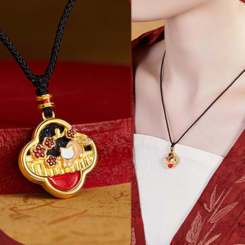 Buddha Stones 925 Sterling Silber Pflaumenblüte Katze Vierblättriges Kleeblatt Segen Halskette Anhänger - image 8