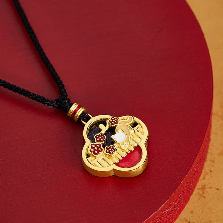 Buddha Stones 925 Sterling Silber Pflaumenblüte Katze Vierblättriges Kleeblatt Segen Halskette Anhänger - image 1