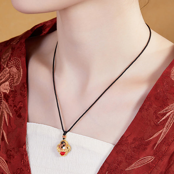 Buddha Stones 925 Sterling Silber Pflaumenblüte Katze Vierblättriges Kleeblatt Segen Halskette Anhänger - image 4