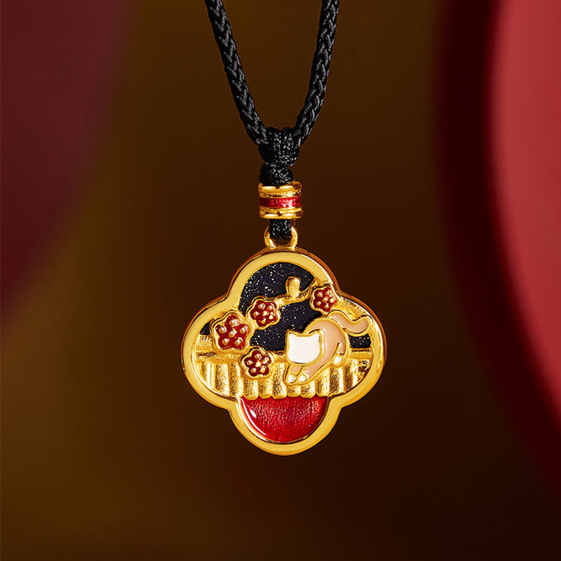 Buddha Stones 925 Sterling Silber Pflaumenblüte Katze Vierblättriges Kleeblatt Segen Halskette Anhänger - 925 Sterlingsilber - image 0