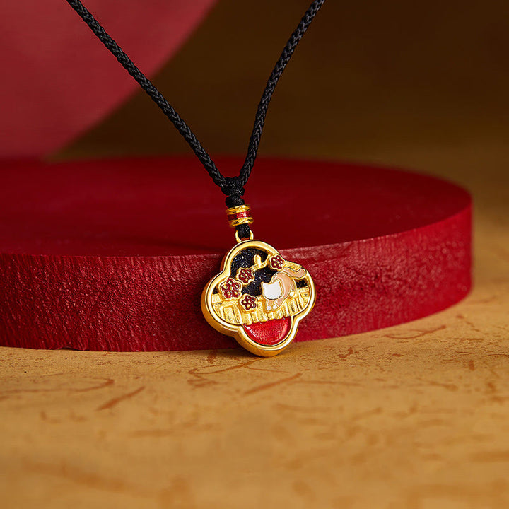 Buddha Stones 925 Sterling Silber Pflaumenblüte Katze Vierblättriges Kleeblatt Segen Halskette Anhänger - image 2