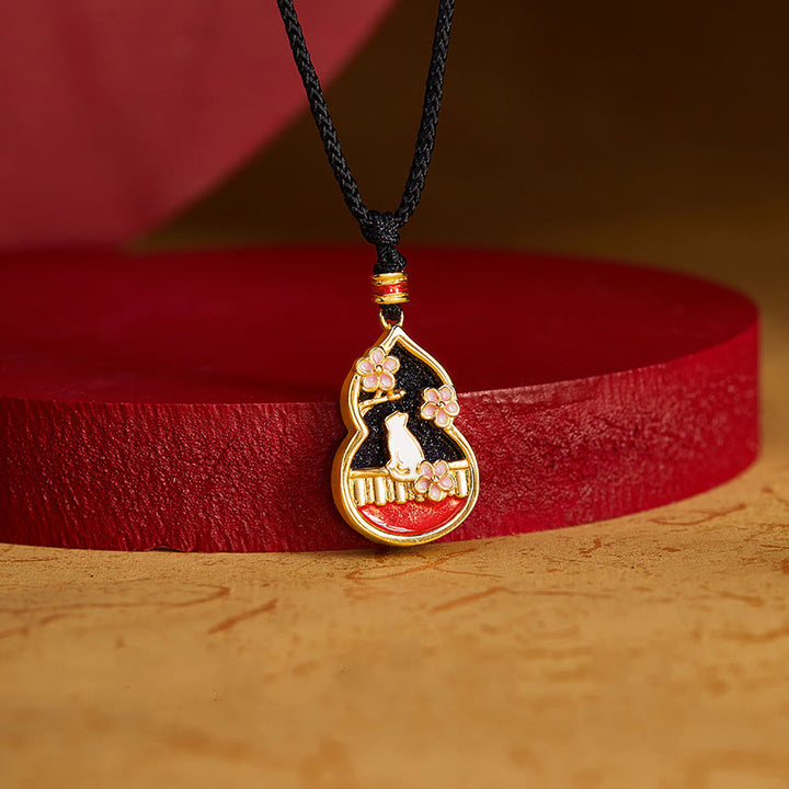 Buddha Stones 925 Sterling Silber Pfirsichblüte Katze Kürbis Muster Schutz Halskette Anhänger - image 1