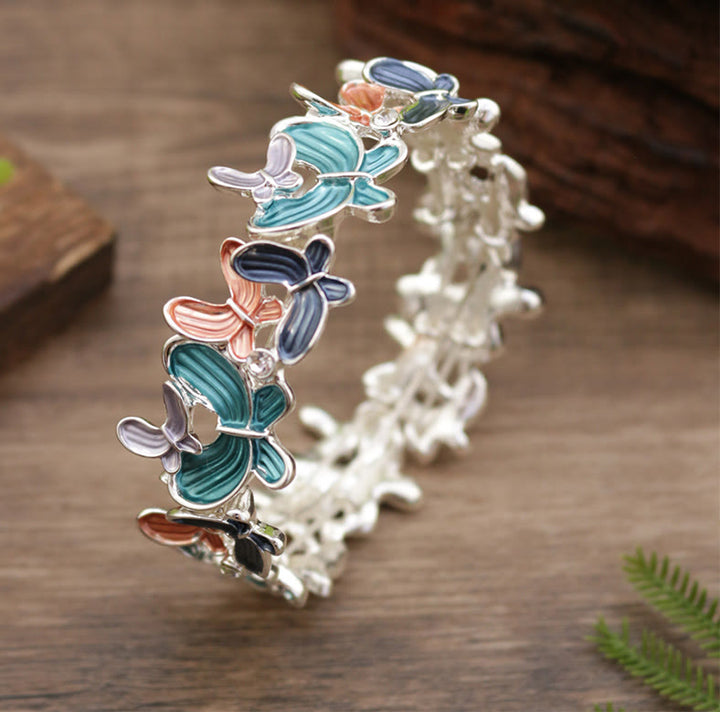 Buddha Stones Bunte Schmetterling Liebe Legierung Elastische Armband Armreif
