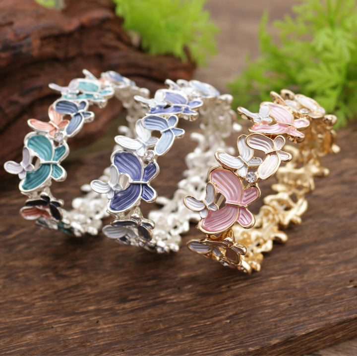 Buddha Stones Bunte Schmetterling Liebe Legierung Elastische Armband Armreif
