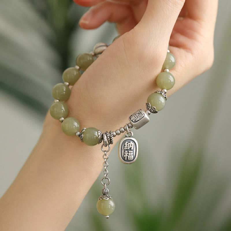 Buddha Stones 925 Sterling Silber Hetian Jade Perlen Glücksarmband