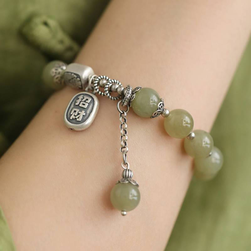 Buddha Stones 925 Sterling Silber Hetian Jade Perlen Glücksarmband
