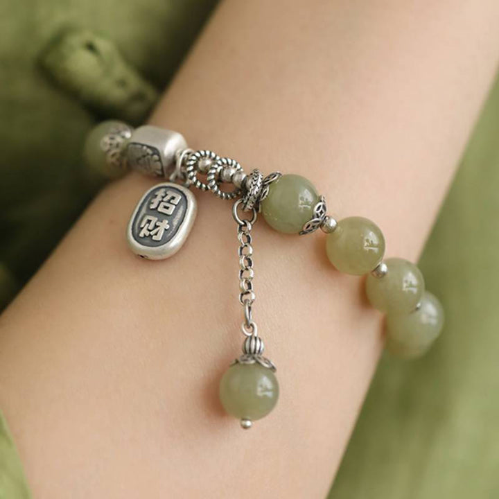 Buddha Stones 925 Sterling Silber Hetian Jade Perlen Glücksarmband