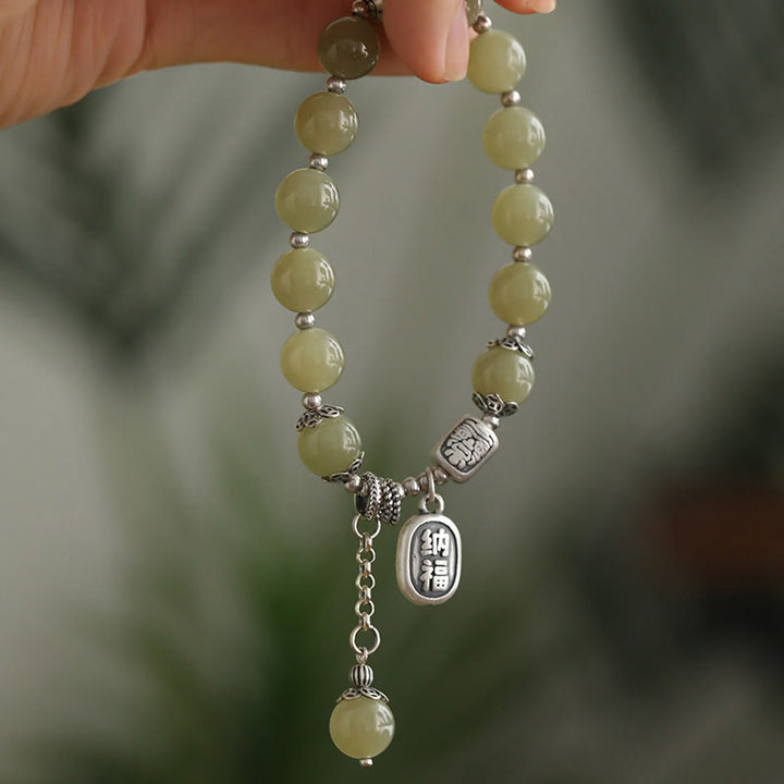 Buddha Stones 925 Sterling Silber Hetian Jade Perlen Glücksarmband