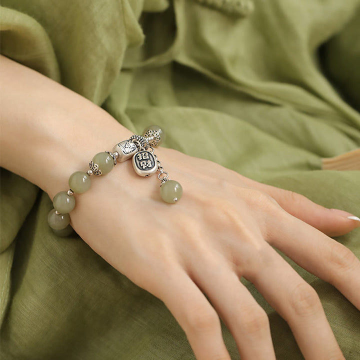 Buddha Stones 925 Sterling Silber Hetian Jade Perlen Glücksarmband