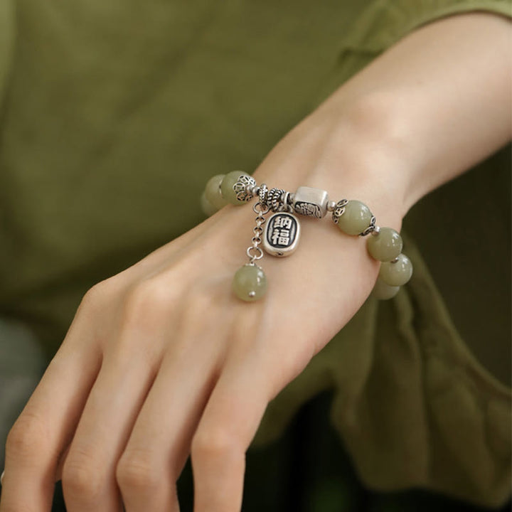 Buddha Stones 925 Sterling Silber Hetian Jade Perlen Glücksarmband