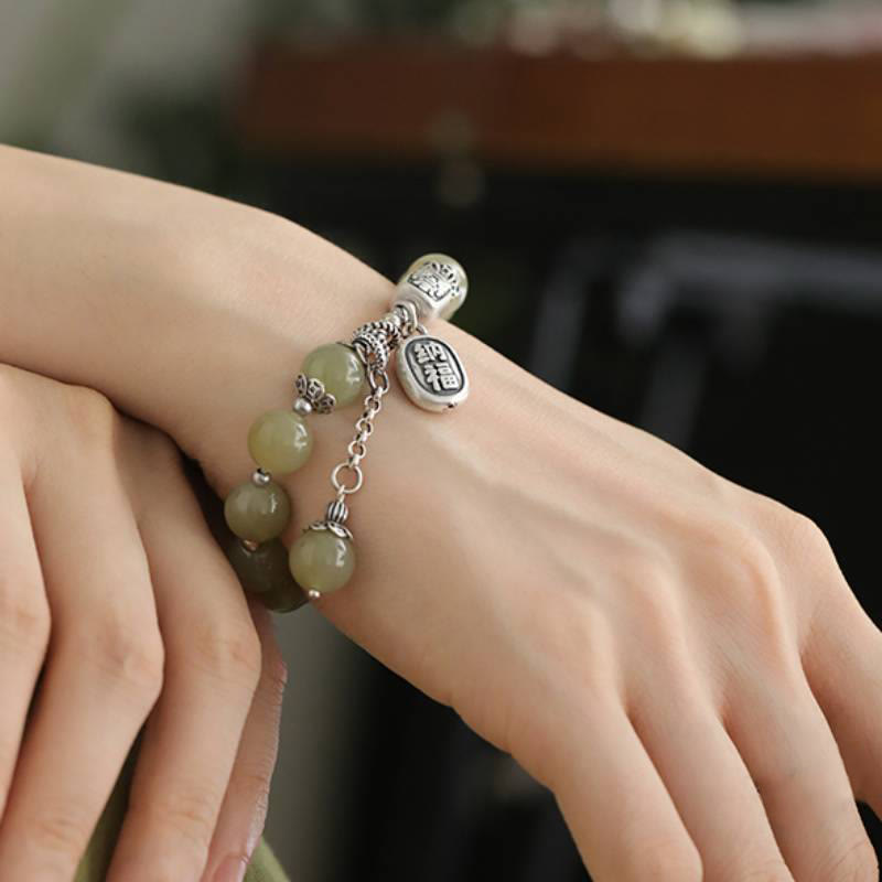 Buddha Stones 925 Sterling Silber Hetian Jade Perlen Glücksarmband