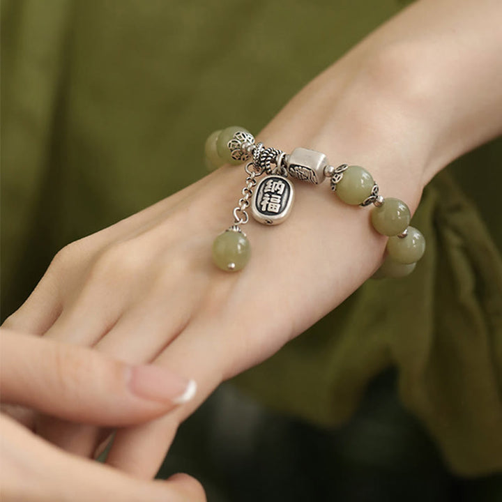 Buddha Stones 925 Sterling Silber Hetian Jade Perlen Glücksarmband