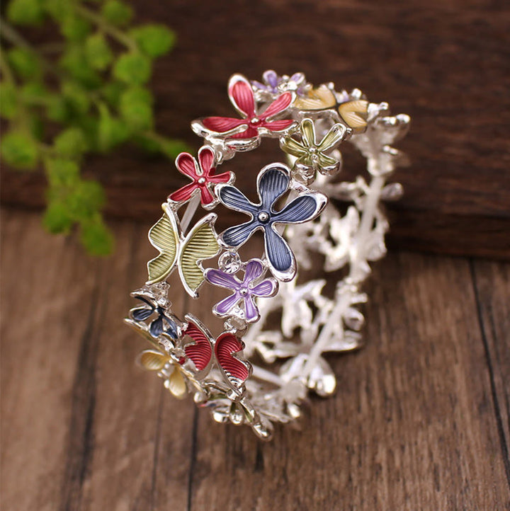 Buddha Stones Bunte Schmetterling Blumen Liebe Legierung Elastische Armband Armreif