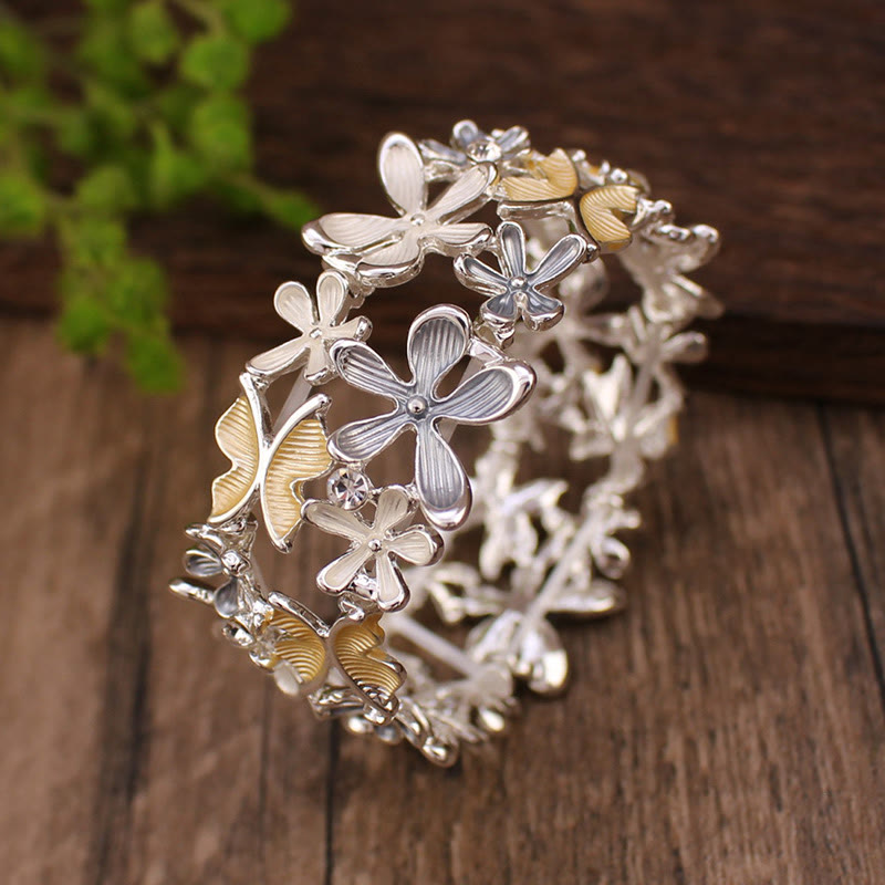 Buddha Stones Bunte Schmetterling Blumen Liebe Legierung Elastische Armband Armreif