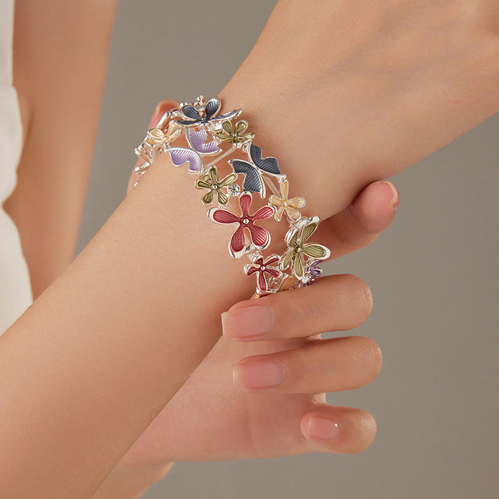 Buddha Stones Bunte Schmetterling Blumen Liebe Legierung Elastische Armband Armreif
