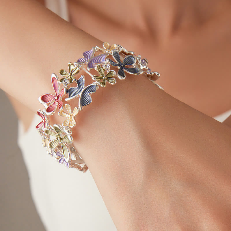 Buddha Stones Bunte Schmetterling Blumen Liebe Legierung Elastische Armband Armreif