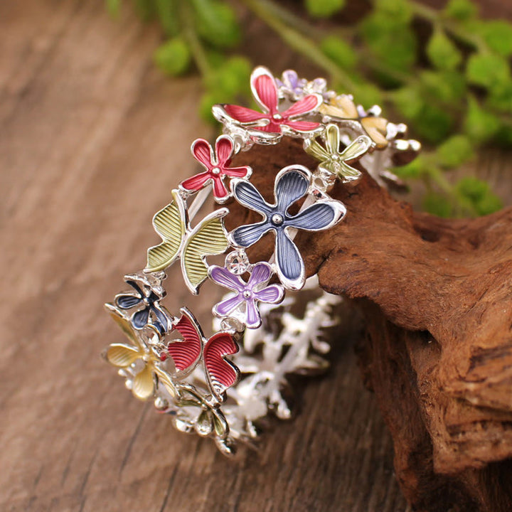 Buddha Stones Bunte Schmetterling Blumen Liebe Legierung Elastische Armband Armreif