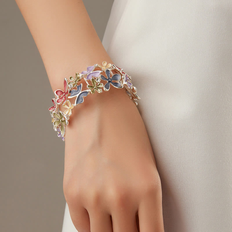 Buddha Stones Bunte Schmetterling Blumen Liebe Legierung Elastische Armband Armreif